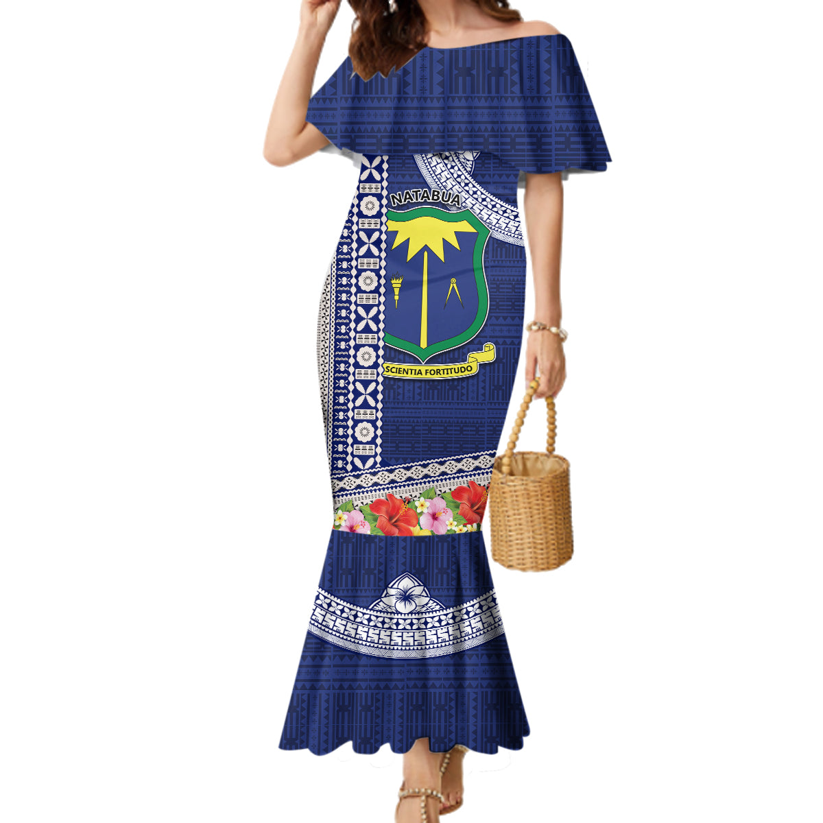 Fiji Natabua High School Family Matching Mermaid Dress and Hawaiian Shirt Tropical Flower and Tapa Pattern Blue Style LT03 Mom's Dress Blue - Polynesian Pride