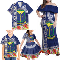 Fiji Natabua High School Family Matching Off Shoulder Maxi Dress and Hawaiian Shirt Tropical Flower and Tapa Pattern Blue Style LT03 - Polynesian Pride