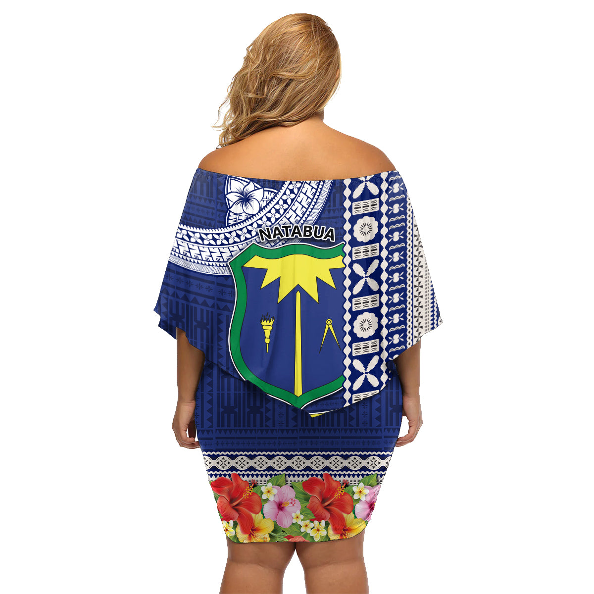 Fiji Natabua High School Family Matching Off Shoulder Short Dress and Hawaiian Shirt Tropical Flower and Tapa Pattern Blue Style LT03 - Polynesian Pride