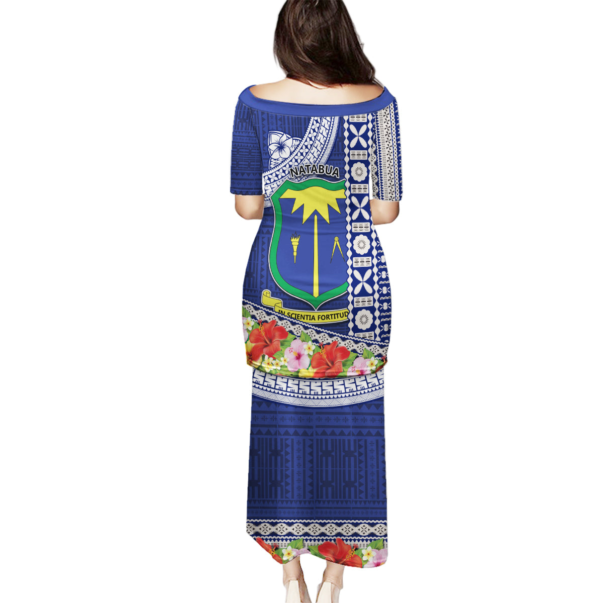 Fiji Natabua High School Family Matching Puletasi Dress and Hawaiian Shirt Tropical Flower and Tapa Pattern Blue Style LT03 - Polynesian Pride