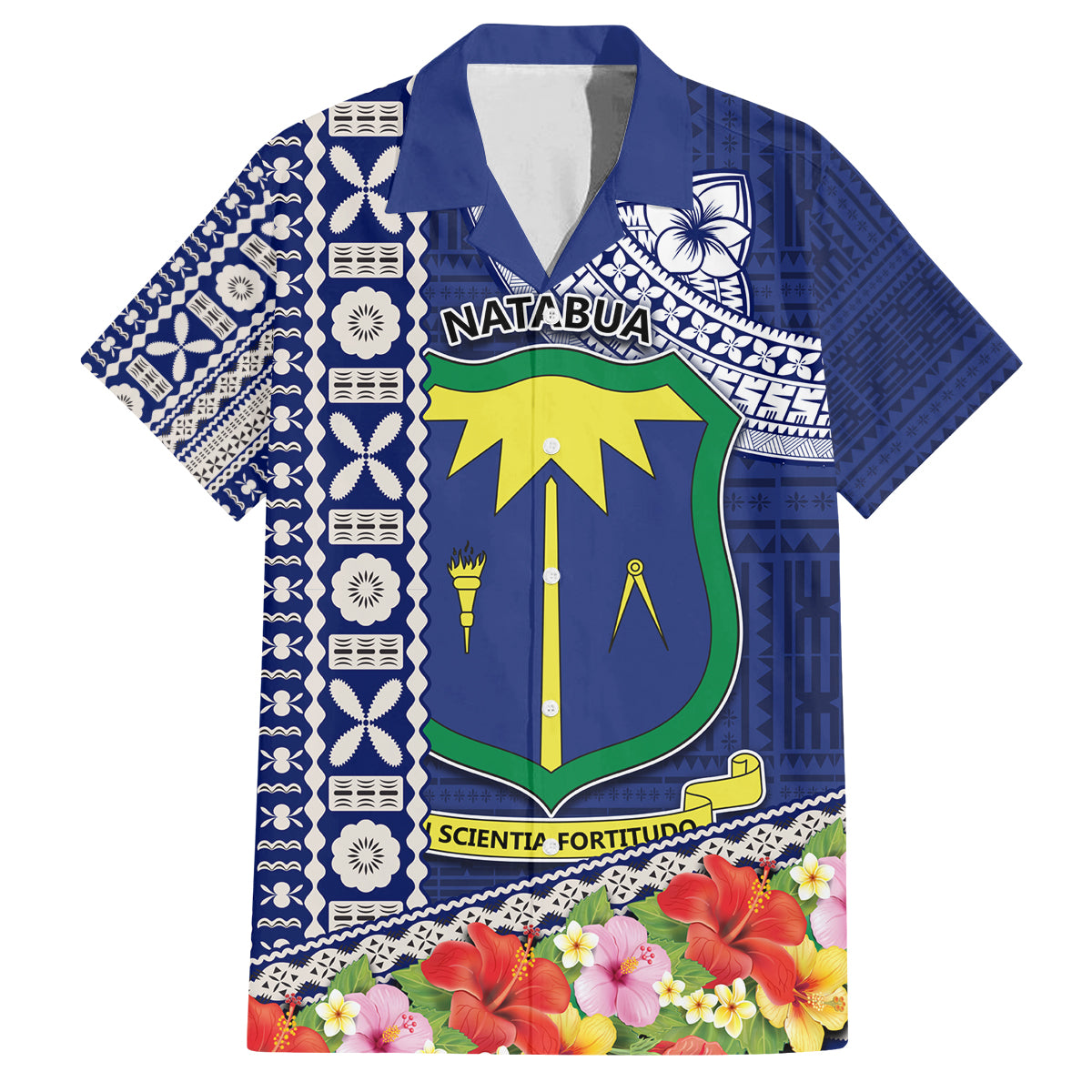 Fiji Natabua High School Family Matching Tank Maxi Dress and Hawaiian Shirt Tropical Flower and Tapa Pattern Blue Style LT03 Dad's Shirt - Short Sleeve Blue - Polynesian Pride