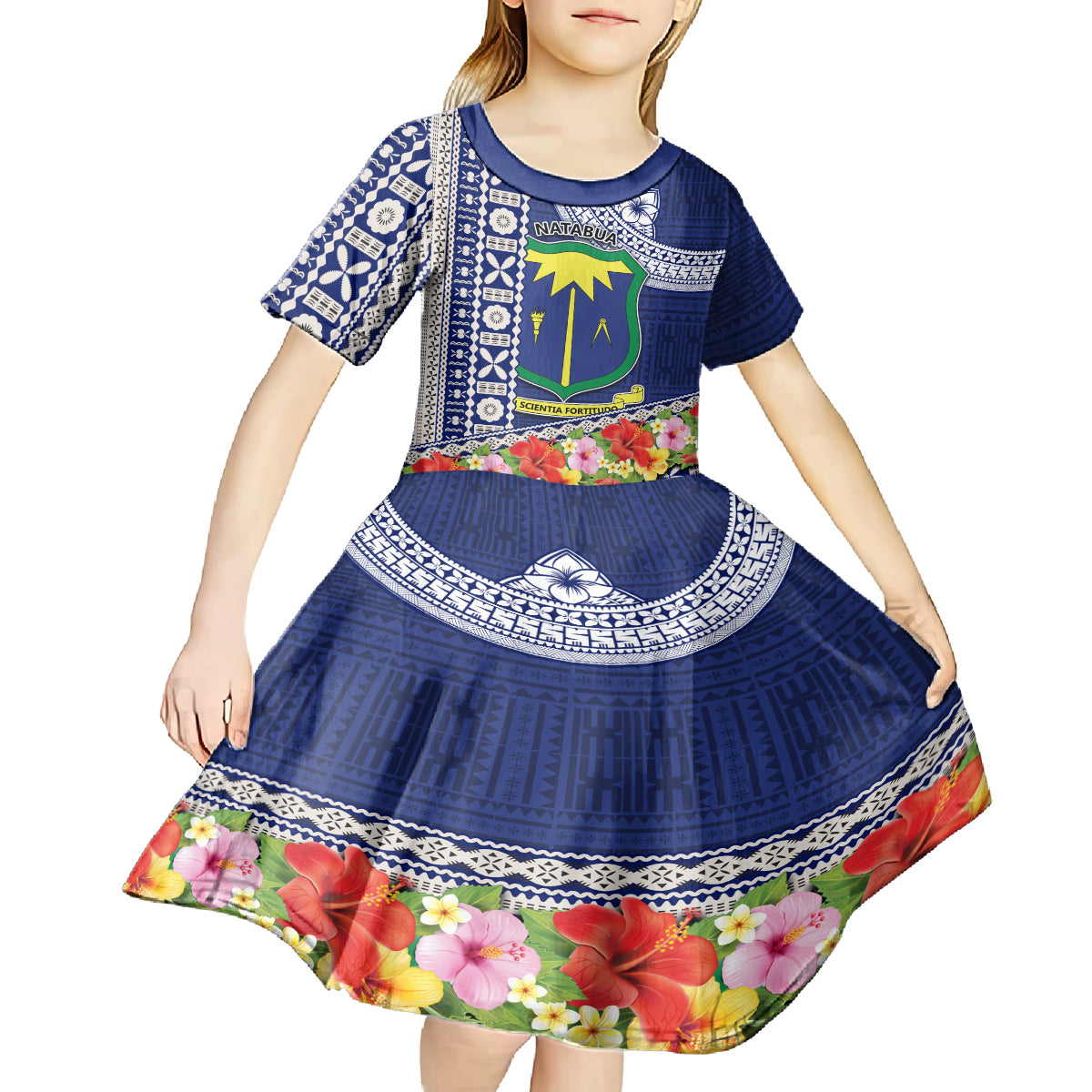 Fiji Natabua High School Kid Short Sleeve Dress Tropical Flower and Tapa Pattern Blue Style LT03 - Polynesian Pride