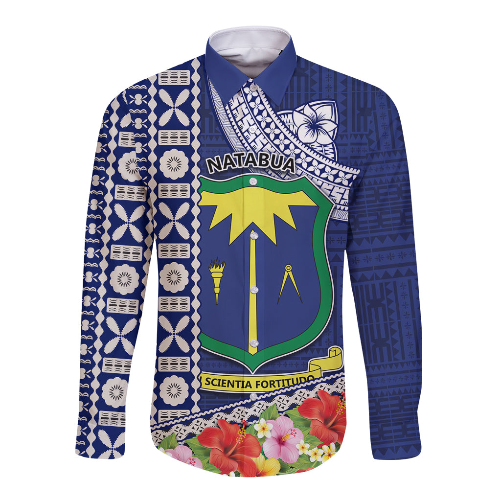 Fiji Natabua High School Long Sleeve Button Shirt Tropical Flower and Tapa Pattern Blue Style LT03 Unisex Blue - Polynesian Pride