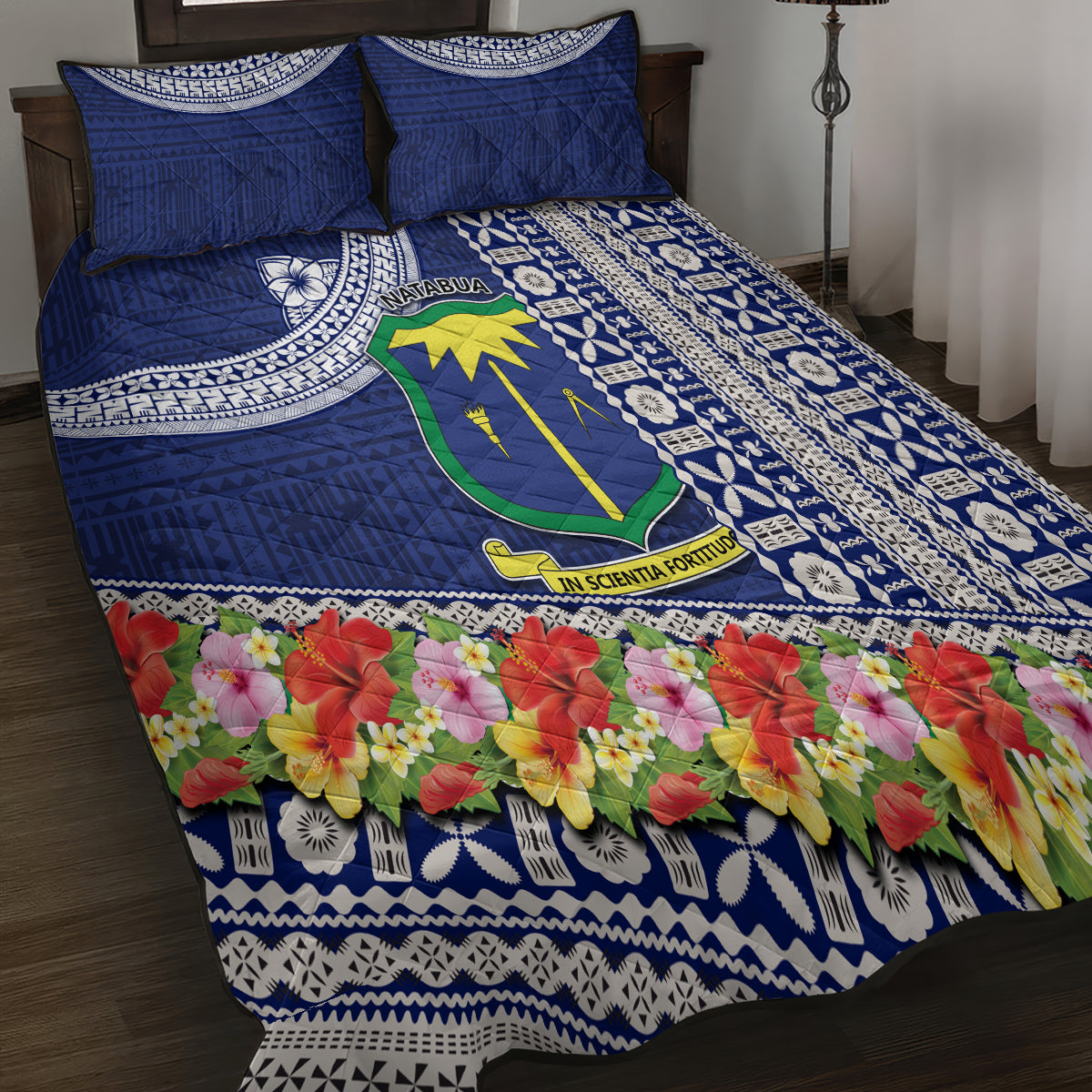 Fiji Natabua High School Quilt Bed Set Tropical Flower and Tapa Pattern Blue Style LT03 - Polynesian Pride
