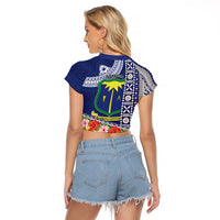 Fiji Natabua High School Raglan Cropped T Shirt Tropical Flower and Tapa Pattern Blue Style LT03 - Polynesian Pride