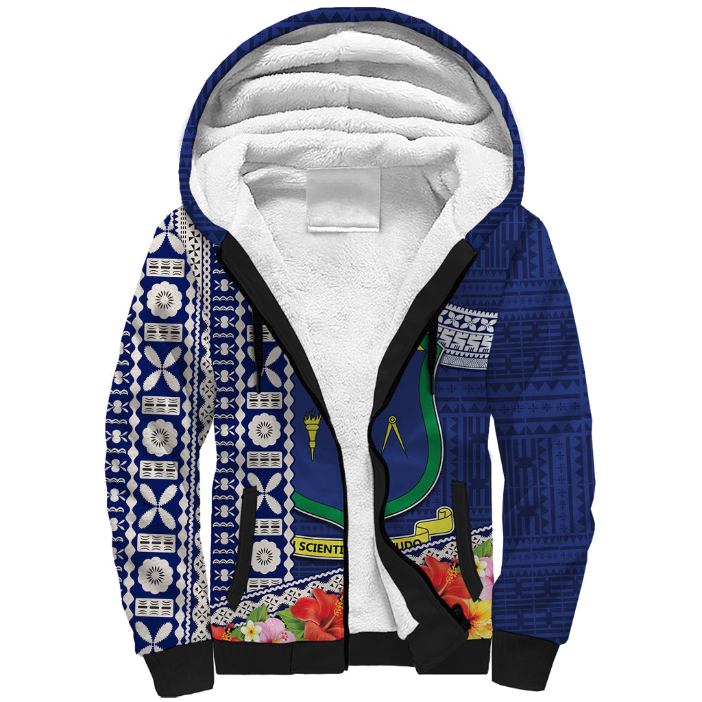 Fiji Natabua High School Sherpa Hoodie Tropical Flower and Tapa Pattern Blue Style LT03 Unisex Blue - Polynesian Pride