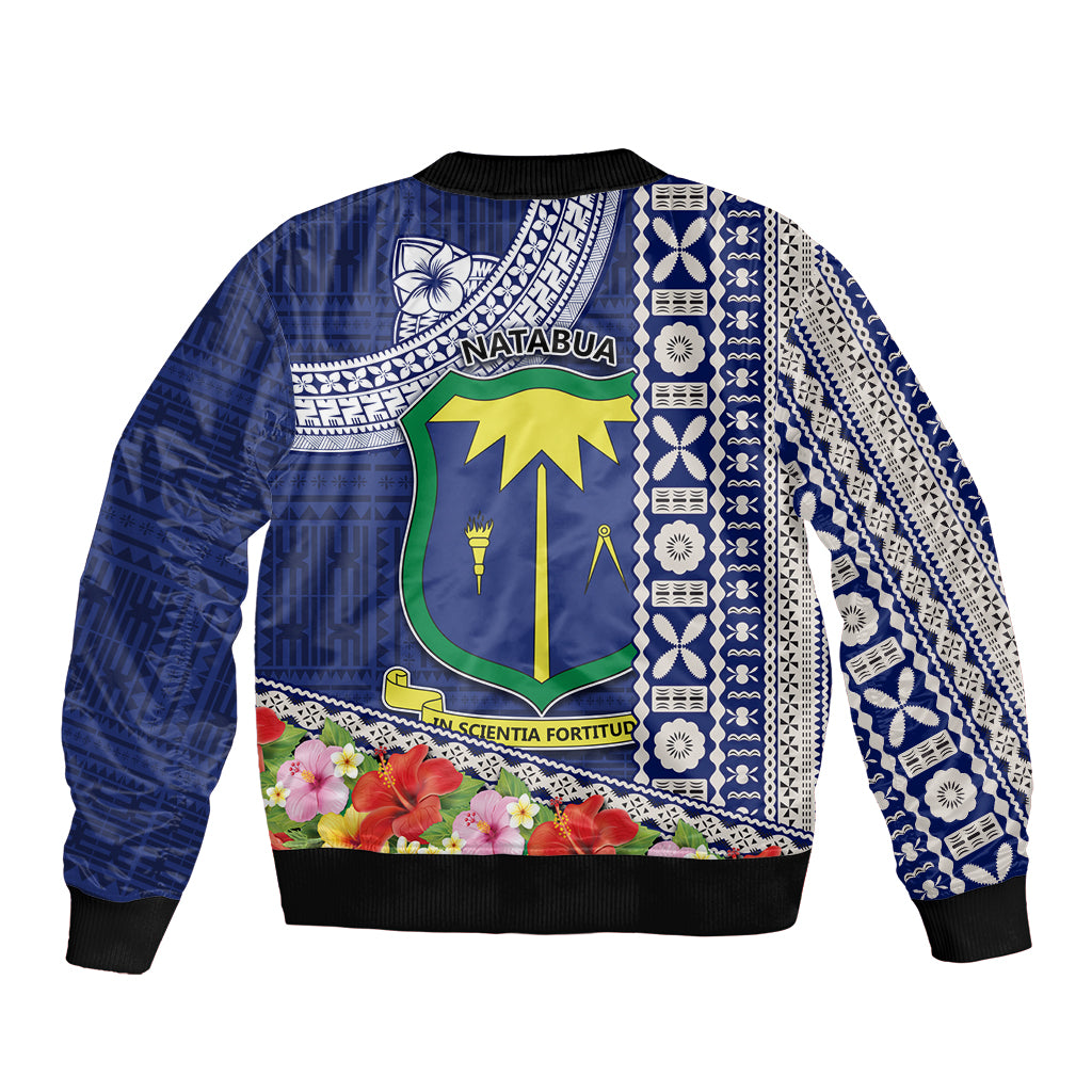 Fiji Natabua High School Sleeve Zip Bomber Jacket Tropical Flower and Tapa Pattern Blue Style LT03 - Polynesian Pride
