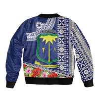 Fiji Natabua High School Sleeve Zip Bomber Jacket Tropical Flower and Tapa Pattern Blue Style LT03 - Polynesian Pride
