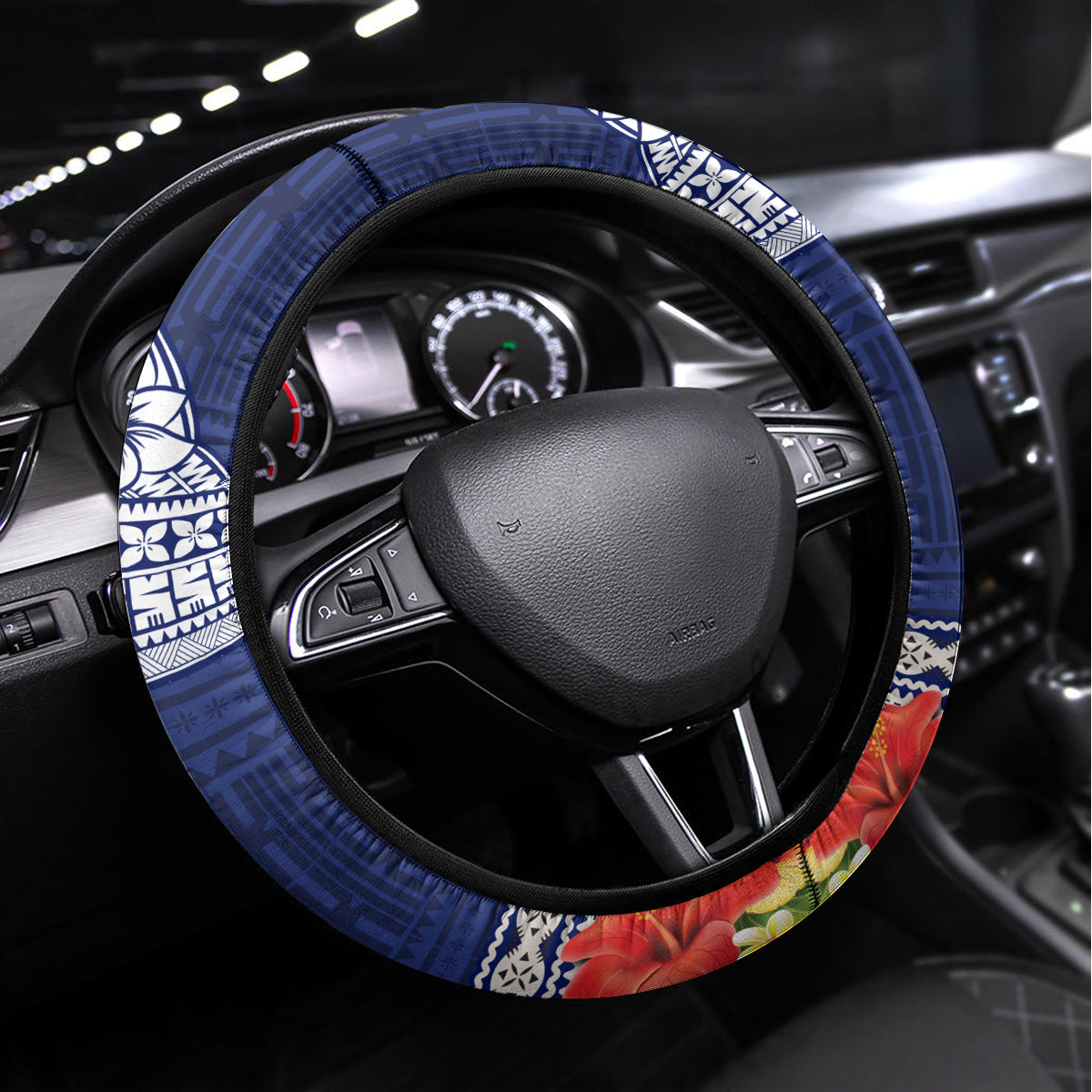 Fiji Natabua High School Steering Wheel Cover Tropical Flower and Tapa Pattern Blue Style LT03 Universal Fit Blue - Polynesian Pride