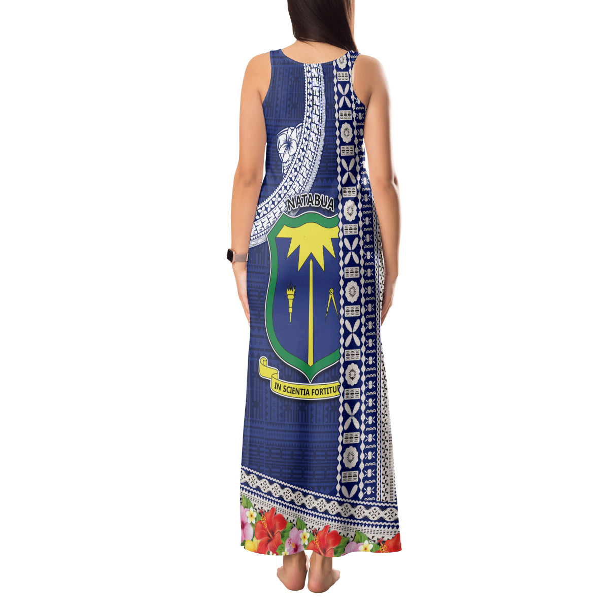 Fiji Natabua High School Tank Maxi Dress Tropical Flower and Tapa Pattern Blue Style LT03 - Polynesian Pride