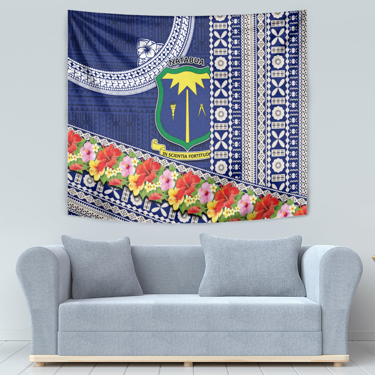 Fiji Natabua High School Tapestry Tropical Flower and Tapa Pattern Blue Style LT03 - Polynesian Pride