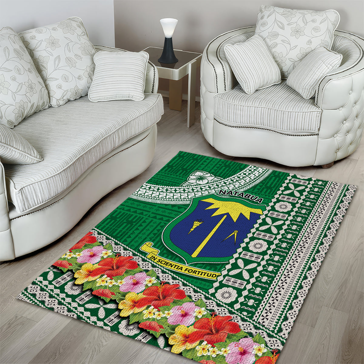 Fiji Natabua High School Area Rug Tropical Flower and Tapa Pattern Green Style LT03 - Polynesian Pride