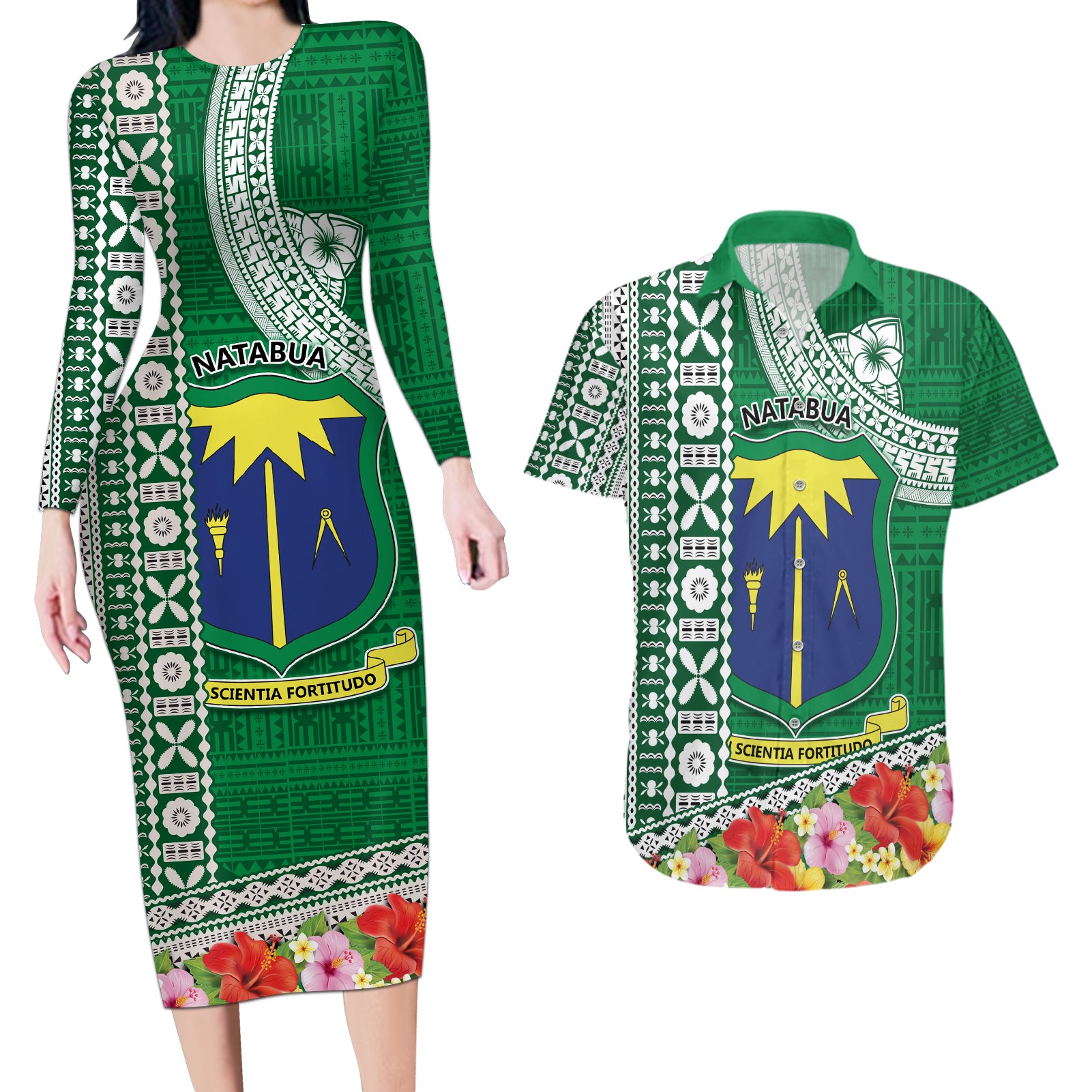 Fiji Natabua High School Couples Matching Long Sleeve Bodycon Dress and Hawaiian Shirt Tropical Flower and Tapa Pattern Green Style LT03 Green - Polynesian Pride
