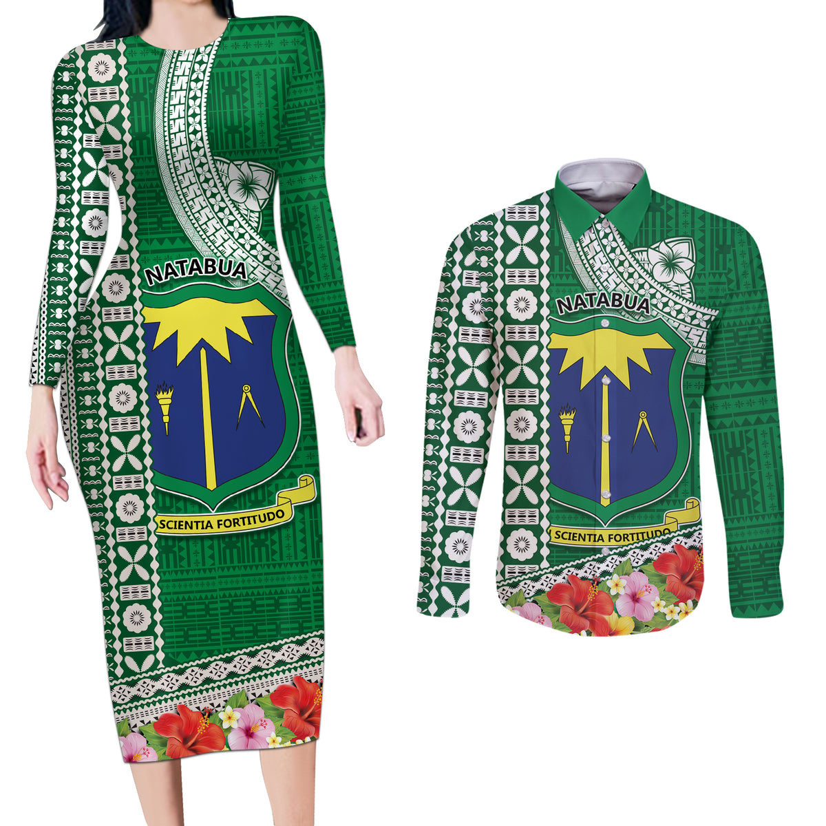 Fiji Natabua High School Couples Matching Long Sleeve Bodycon Dress and Long Sleeve Button Shirt Tropical Flower and Tapa Pattern Green Style LT03 Green - Polynesian Pride