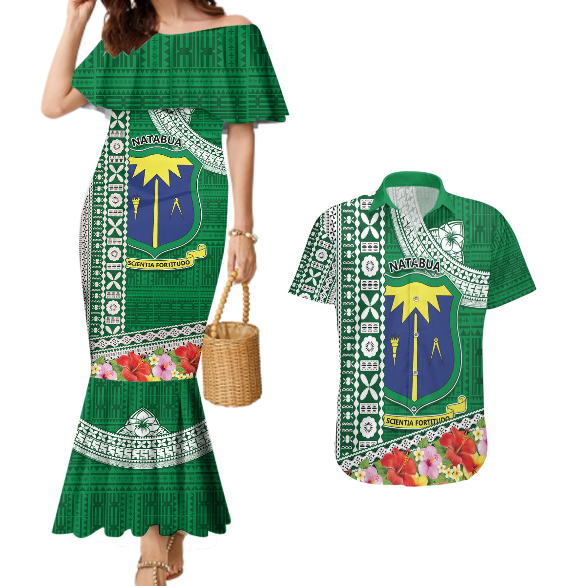 Fiji Natabua High School Couples Matching Mermaid Dress and Hawaiian Shirt Tropical Flower and Tapa Pattern Green Style LT03 Green - Polynesian Pride