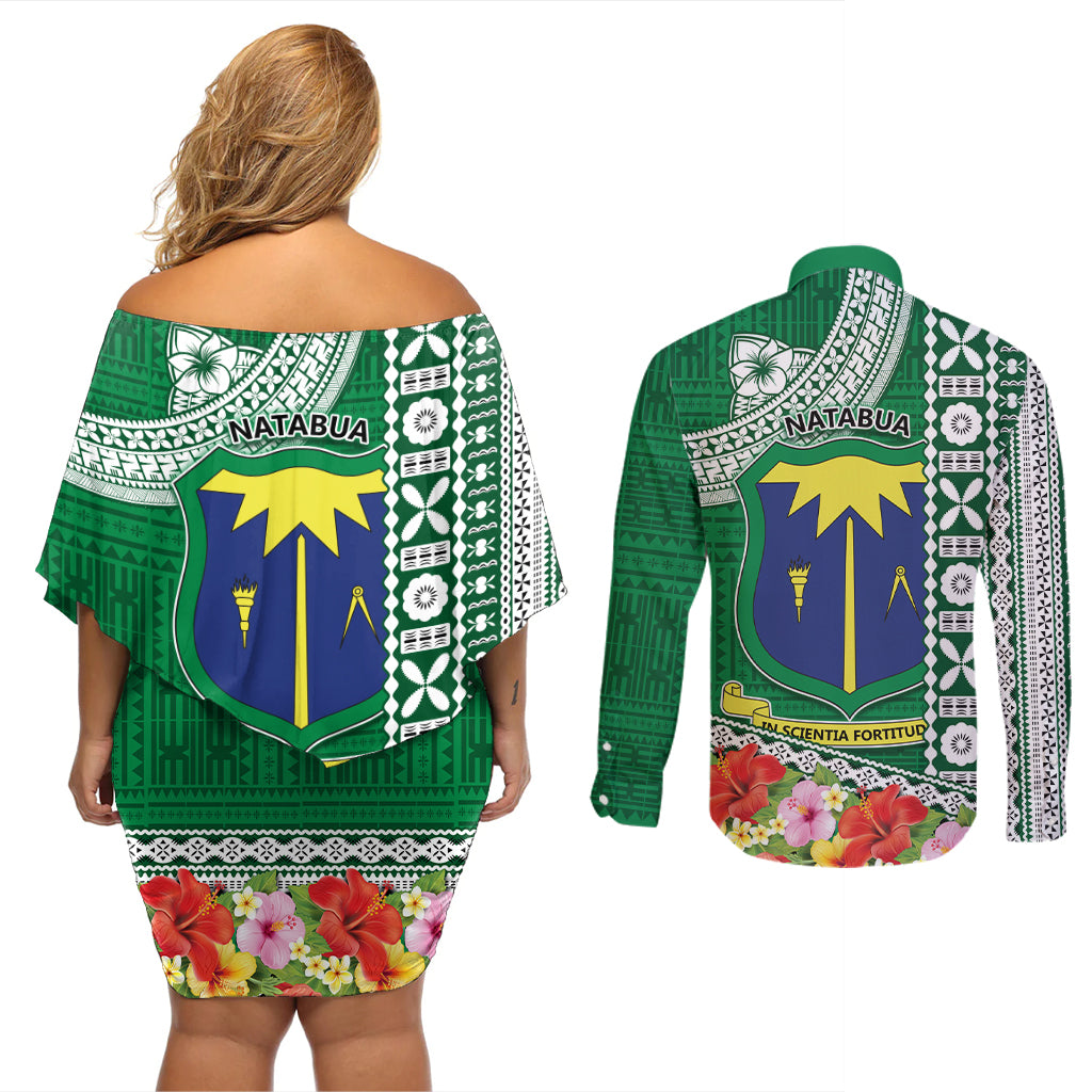 Fiji Natabua High School Couples Matching Off Shoulder Short Dress and Long Sleeve Button Shirt Tropical Flower and Tapa Pattern Green Style LT03 - Polynesian Pride