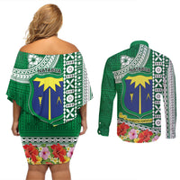 Fiji Natabua High School Couples Matching Off Shoulder Short Dress and Long Sleeve Button Shirt Tropical Flower and Tapa Pattern Green Style LT03 - Polynesian Pride