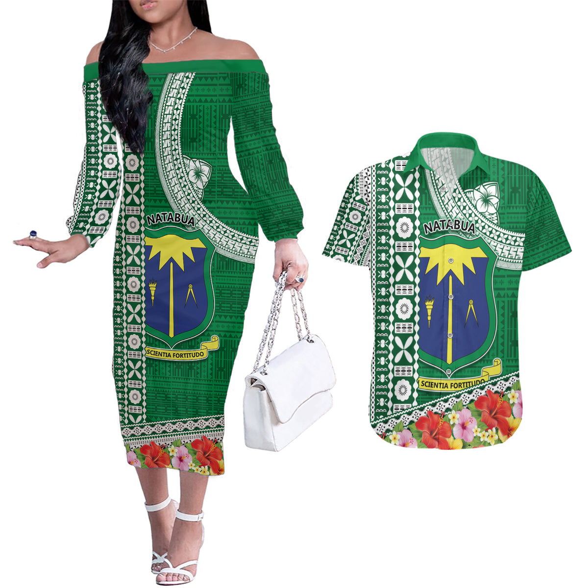 Fiji Natabua High School Couples Matching Off The Shoulder Long Sleeve Dress and Hawaiian Shirt Tropical Flower and Tapa Pattern Green Style LT03 Green - Polynesian Pride