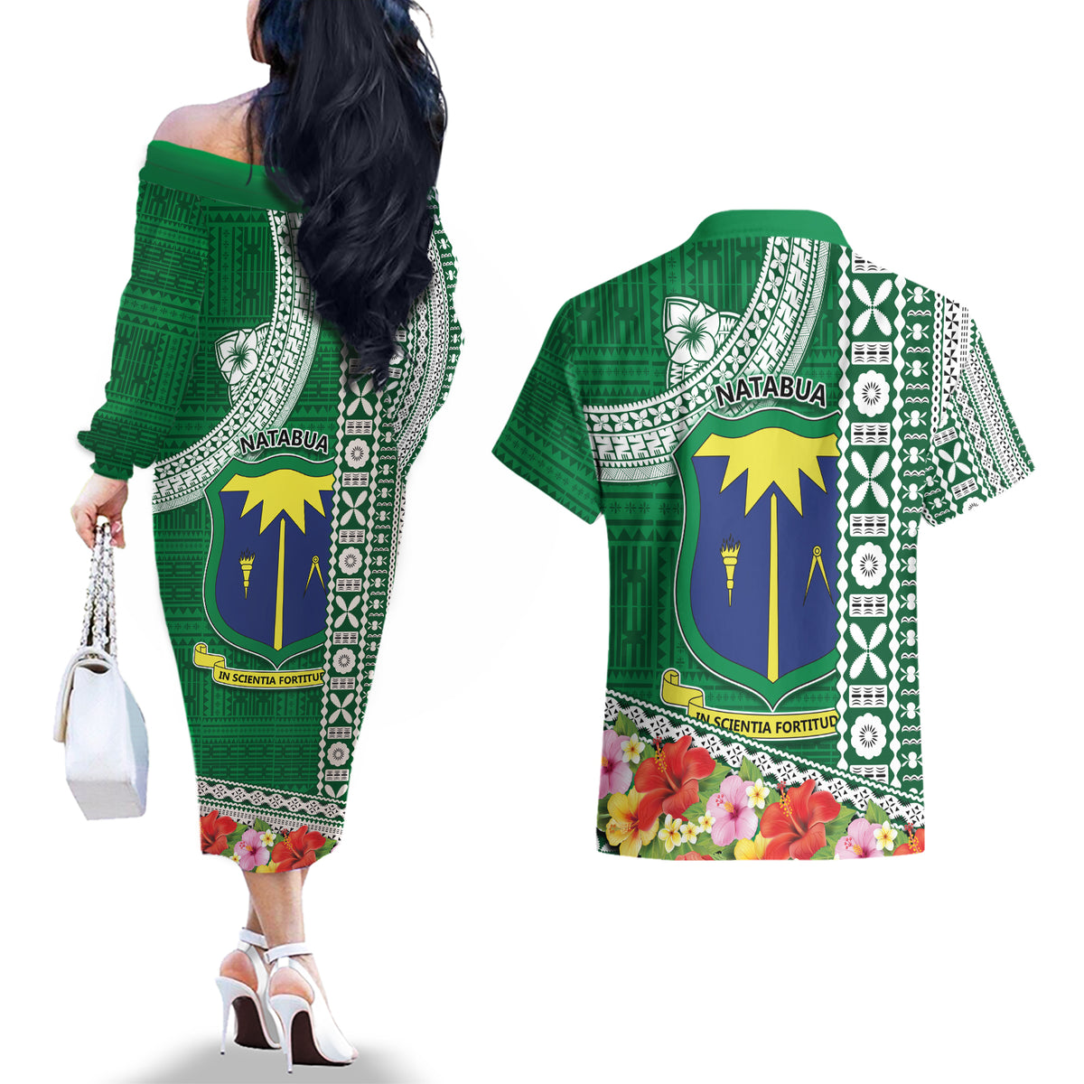Fiji Natabua High School Couples Matching Off The Shoulder Long Sleeve Dress and Hawaiian Shirt Tropical Flower and Tapa Pattern Green Style LT03 - Polynesian Pride