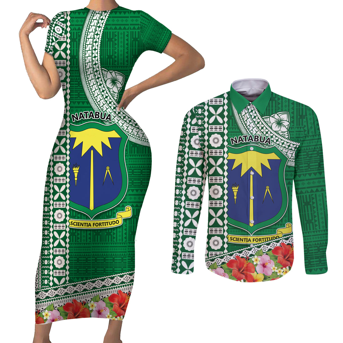 Fiji Natabua High School Couples Matching Short Sleeve Bodycon Dress and Long Sleeve Button Shirt Tropical Flower and Tapa Pattern Green Style LT03 Green - Polynesian Pride