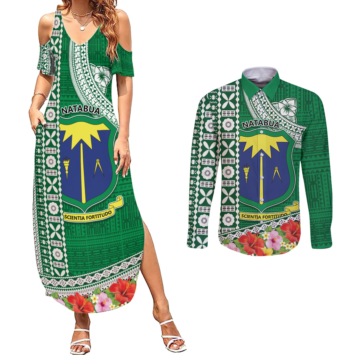Fiji Natabua High School Couples Matching Summer Maxi Dress and Long Sleeve Button Shirt Tropical Flower and Tapa Pattern Green Style LT03 Green - Polynesian Pride