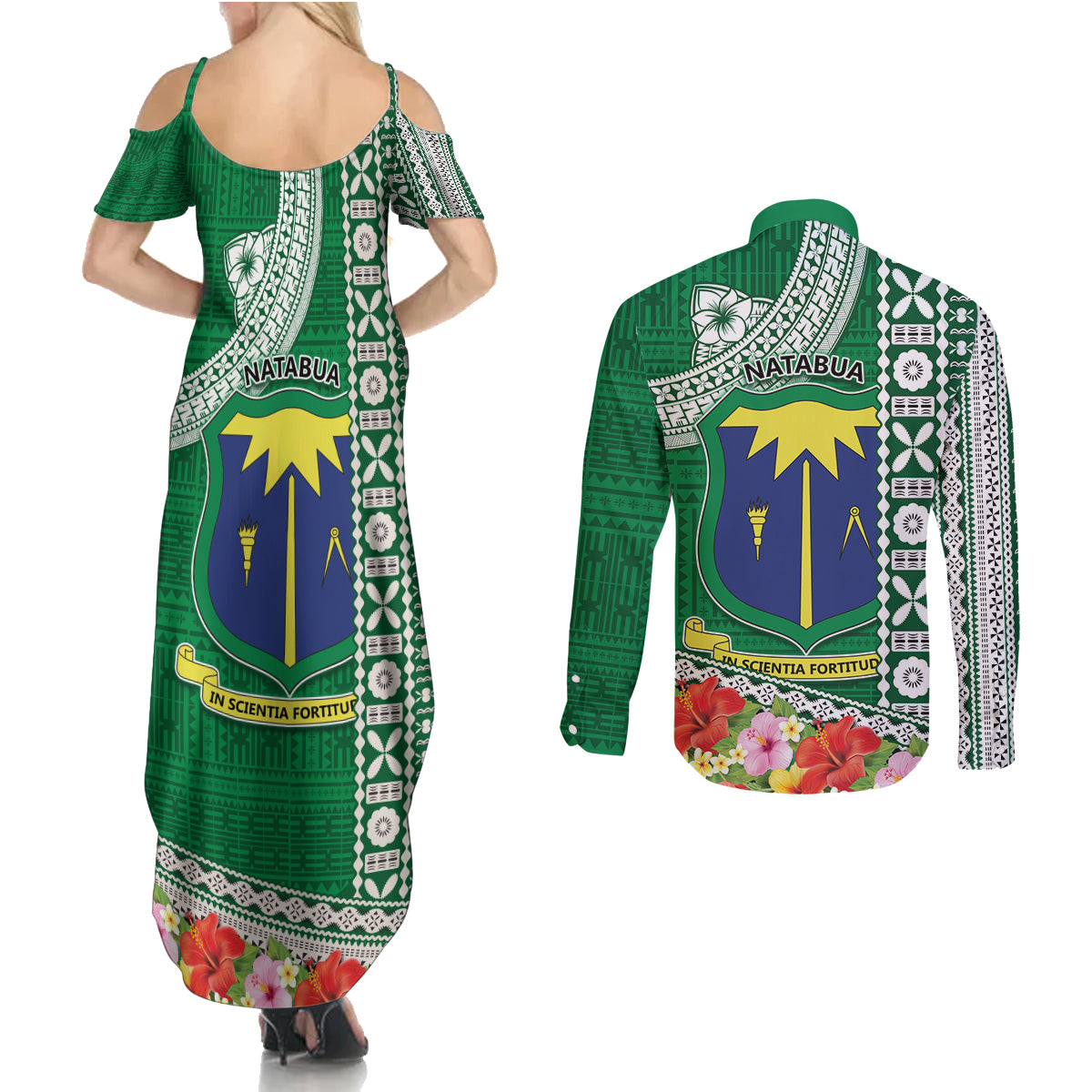 Fiji Natabua High School Couples Matching Summer Maxi Dress and Long Sleeve Button Shirt Tropical Flower and Tapa Pattern Green Style LT03 - Polynesian Pride
