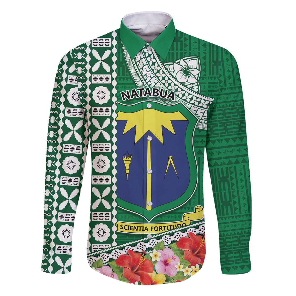 Fiji Natabua High School Family Matching Long Sleeve Bodycon Dress and Hawaiian Shirt Tropical Flower and Tapa Pattern Green Style LT03 Dad's Shirt - Long Sleeve Green - Polynesian Pride
