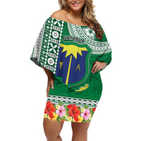 Fiji Natabua High School Family Matching Off Shoulder Short Dress and Hawaiian Shirt Tropical Flower and Tapa Pattern Green Style LT03 Mom's Dress Green - Polynesian Pride