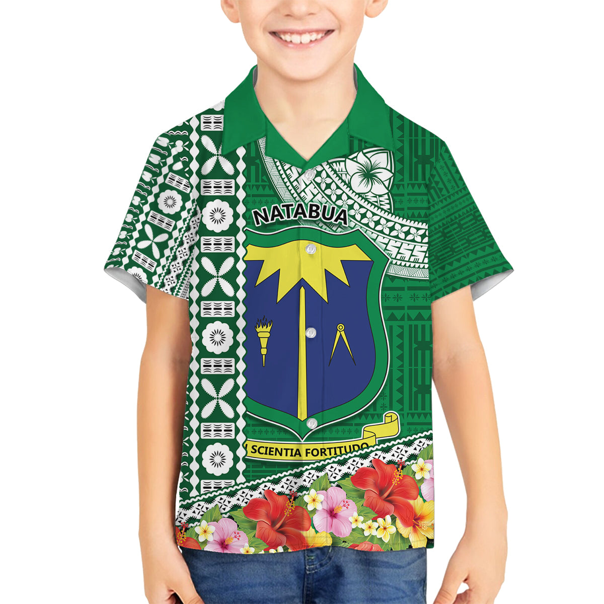 Fiji Natabua High School Family Matching Puletasi Dress and Hawaiian Shirt Tropical Flower and Tapa Pattern Green Style LT03 Son's Shirt Green - Polynesian Pride