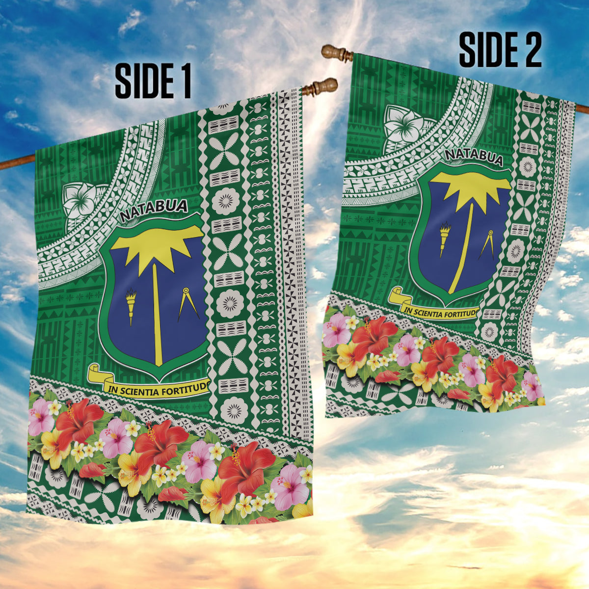 Fiji Natabua High School Garden Flag Tropical Flower and Tapa Pattern Green Style LT03 - Polynesian Pride