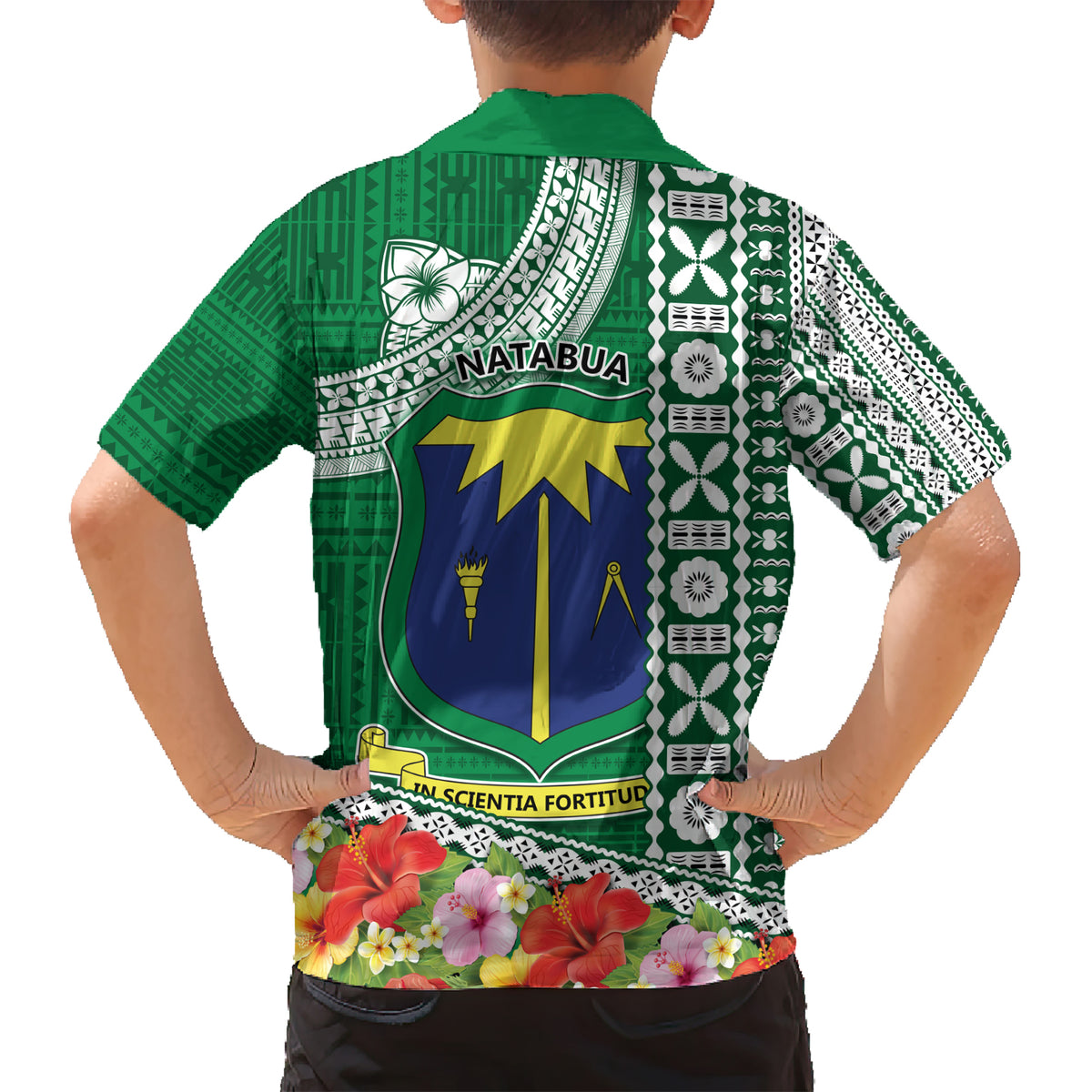 Fiji Natabua High School Kid Hawaiian Shirt Tropical Flower and Tapa Pattern Green Style LT03 - Polynesian Pride