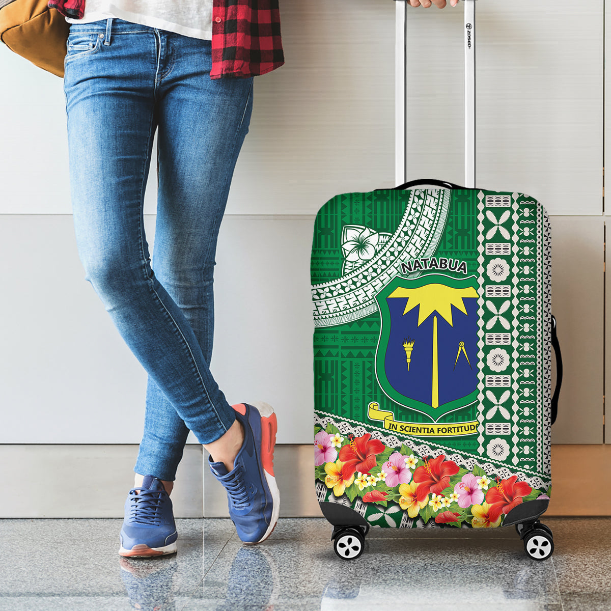 Fiji Natabua High School Luggage Cover Tropical Flower and Tapa Pattern Green Style LT03 - Polynesian Pride