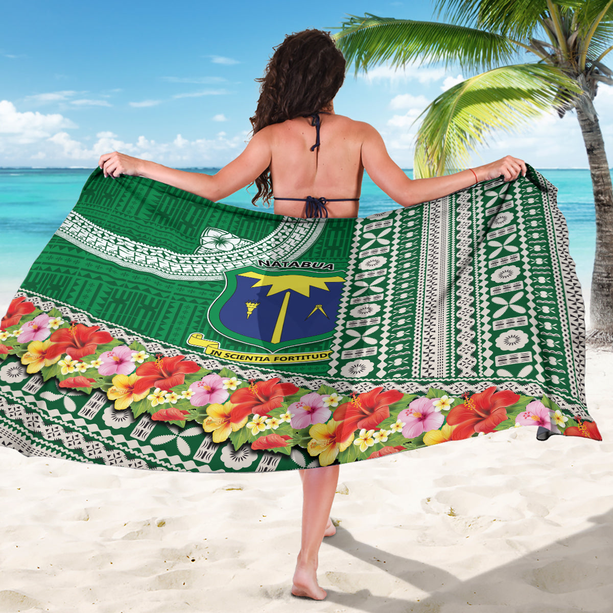 Fiji Natabua High School Sarong Tropical Flower and Tapa Pattern Green Style LT03 - Polynesian Pride