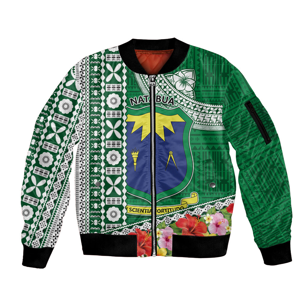 Fiji Natabua High School Sleeve Zip Bomber Jacket Tropical Flower and Tapa Pattern Green Style LT03 Unisex Green - Polynesian Pride