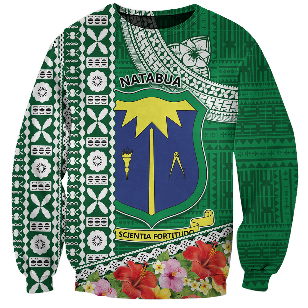 Fiji Natabua High School Sweatshirt Tropical Flower and Tapa Pattern Green Style LT03 Unisex Green - Polynesian Pride