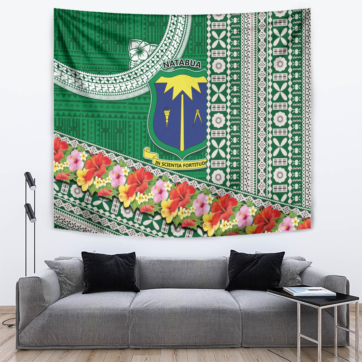 Fiji Natabua High School Tapestry Tropical Flower and Tapa Pattern Green Style LT03 - Polynesian Pride