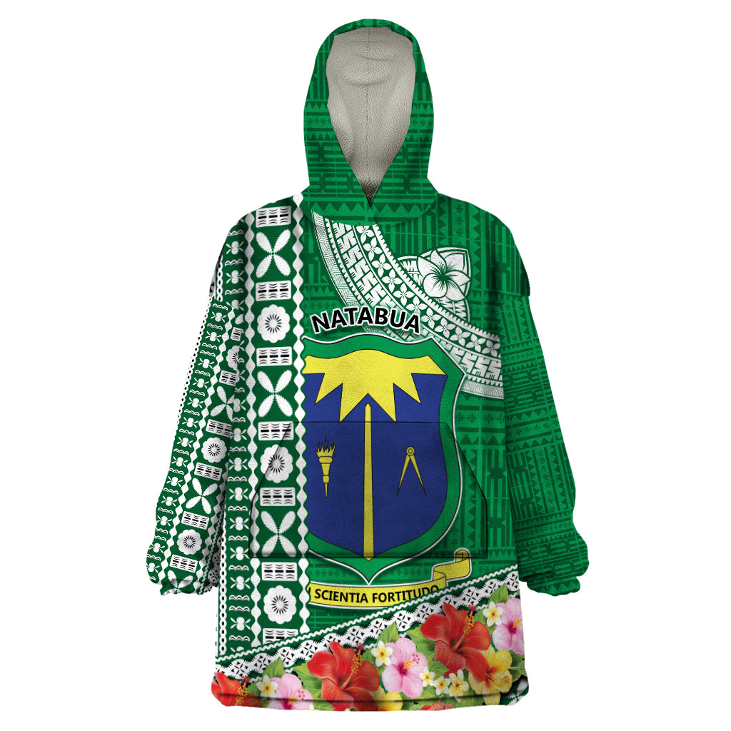 Fiji Natabua High School Wearable Blanket Hoodie Tropical Flower and Tapa Pattern Green Style LT03 One Size Green - Polynesian Pride