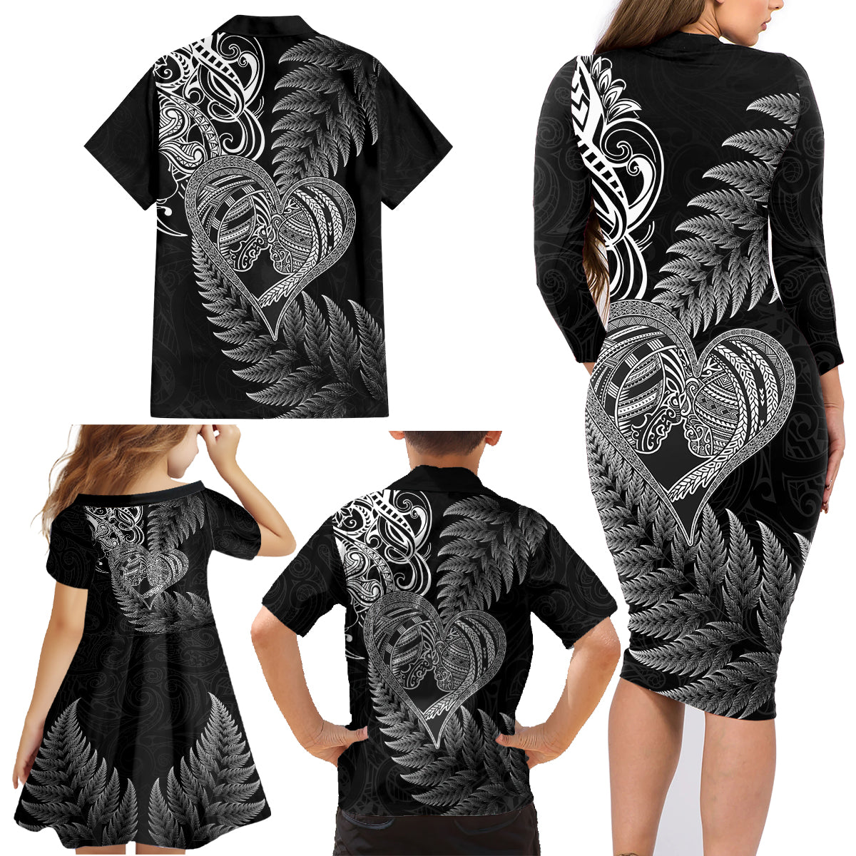 New Zealand Valentine Day Family Matching Long Sleeve Bodycon Dress and Hawaiian Shirt Aotearoa Warrior and Woman Love Heart Silver Fern Koru LT03 - Polynesian Pride