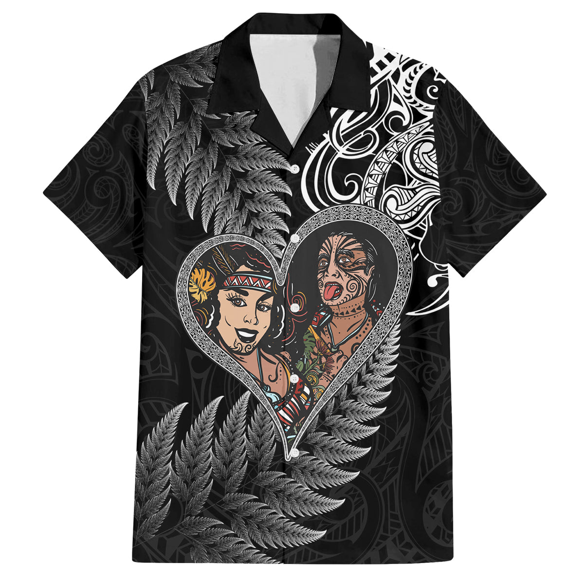 New Zealand Valentine Day Family Matching Off Shoulder Long Sleeve Dress and Hawaiian Shirt Aotearoa Warrior and Woman Love Heart Silver Fern Koru LT03 Dad's Shirt - Short Sleeve Black - Polynesian Pride