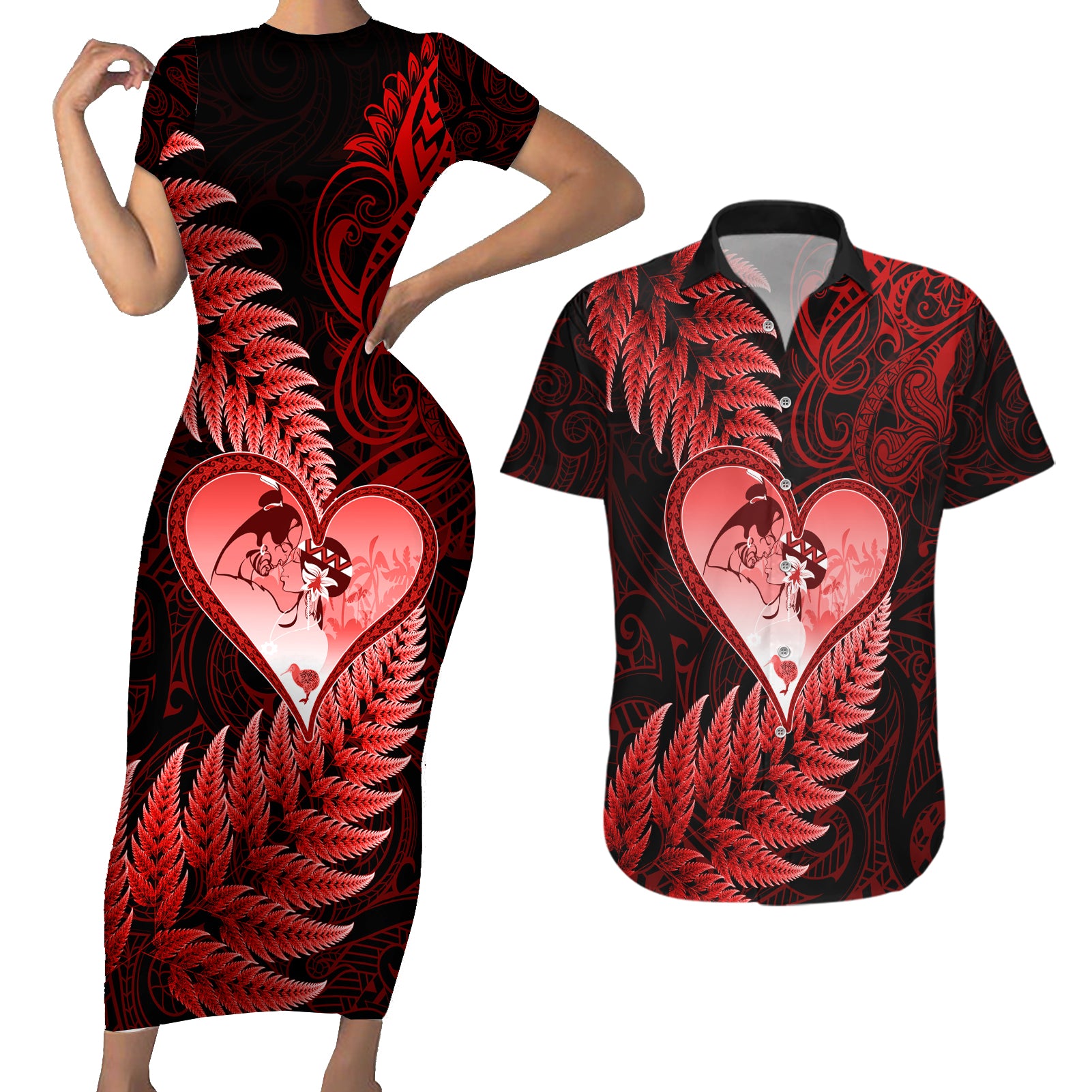 New Zealand Valentine Day Couples Matching Short Sleeve Bodycon Dress and Hawaiian Shirt Aotearoa Warrior and Woman Love Story Silver Fern Koru Red Style LT03 Red - Polynesian Pride