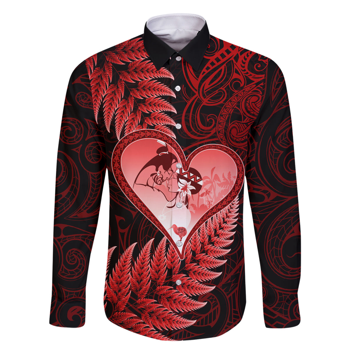 New Zealand Valentine Day Family Matching Long Sleeve Bodycon Dress and Hawaiian Shirt Aotearoa Warrior and Woman Love Story Silver Fern Koru Red Style LT03 Dad's Shirt - Long Sleeve Red - Polynesian Pride