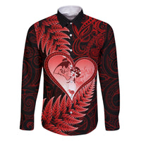 New Zealand Valentine Day Family Matching Off Shoulder Long Sleeve Dress and Hawaiian Shirt Aotearoa Warrior and Woman Love Story Silver Fern Koru Red Style LT03 Dad's Shirt - Long Sleeve Red - Polynesian Pride