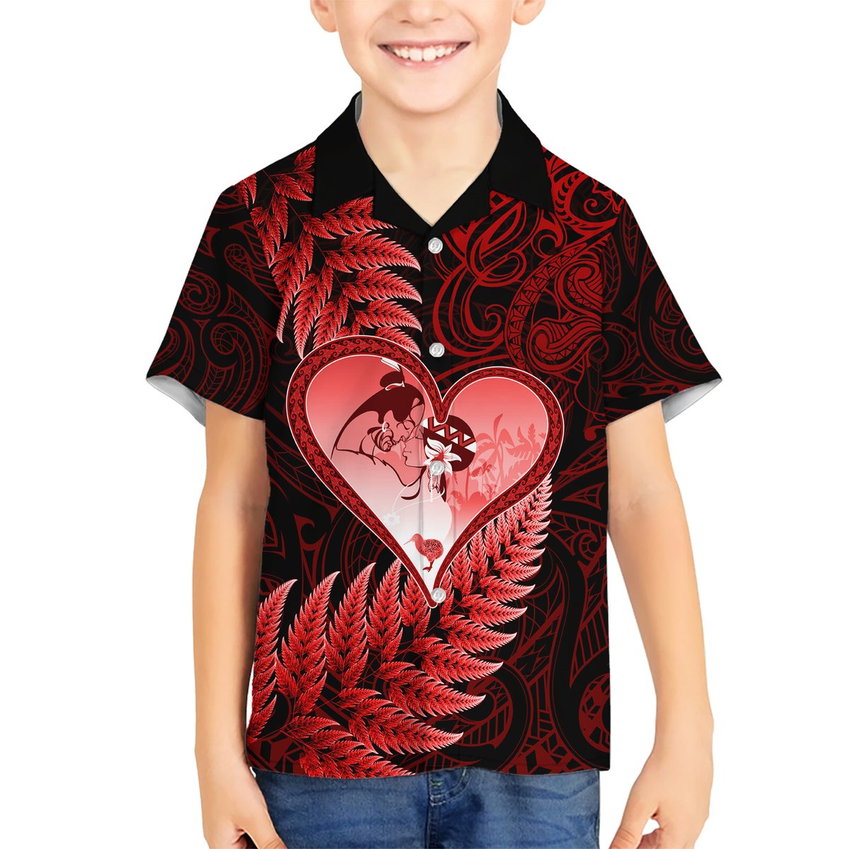 New Zealand Valentine Day Hawaiian Shirt Aotearoa Warrior and Woman Love Story Silver Fern Koru Red Style LT03 - Polynesian Pride