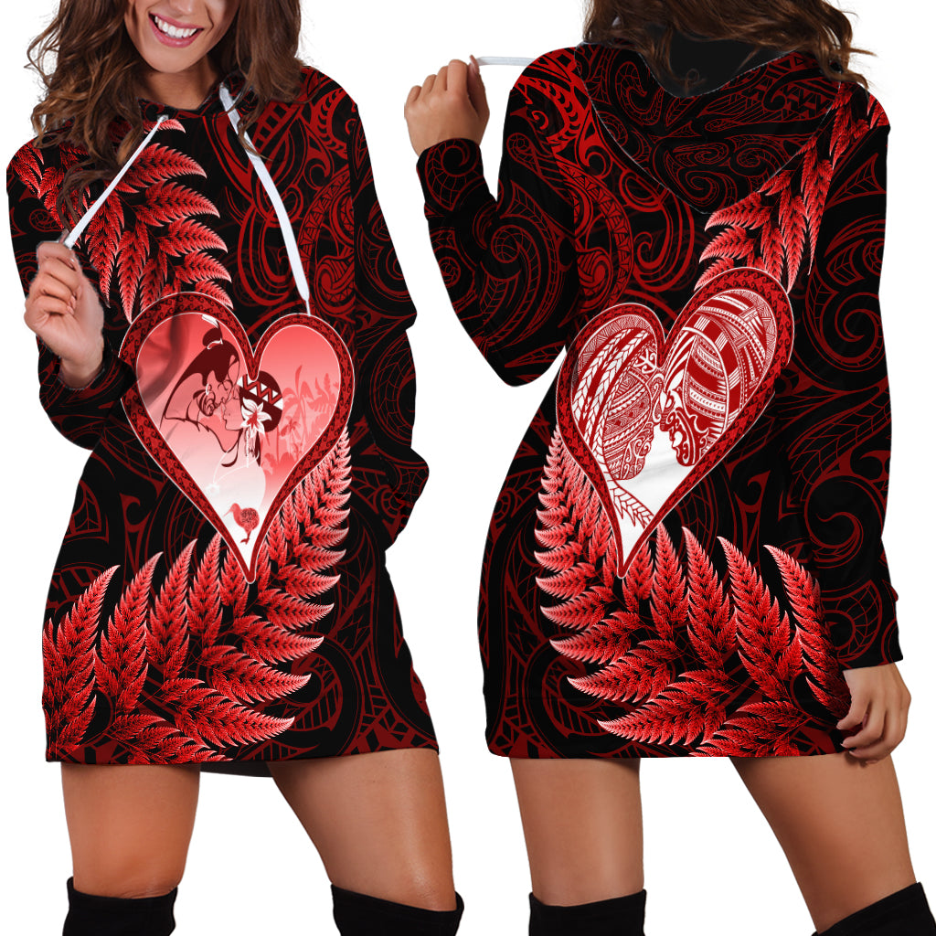 New Zealand Valentine Day Hoodie Dress Aotearoa Warrior and Woman Love Story Silver Fern Koru Red Style LT03 - Polynesian Pride