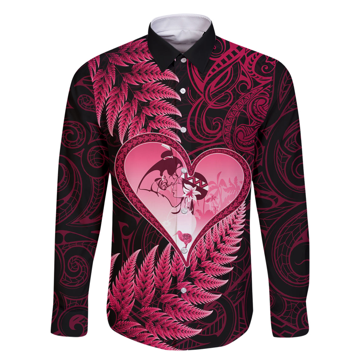 New Zealand Valentine Day Family Matching Mermaid Dress and Hawaiian Shirt Aotearoa Warrior Love Story Silver Fern Koru Pink Style LT03 Dad's Shirt - Long Sleeve Pink - Polynesian Pride