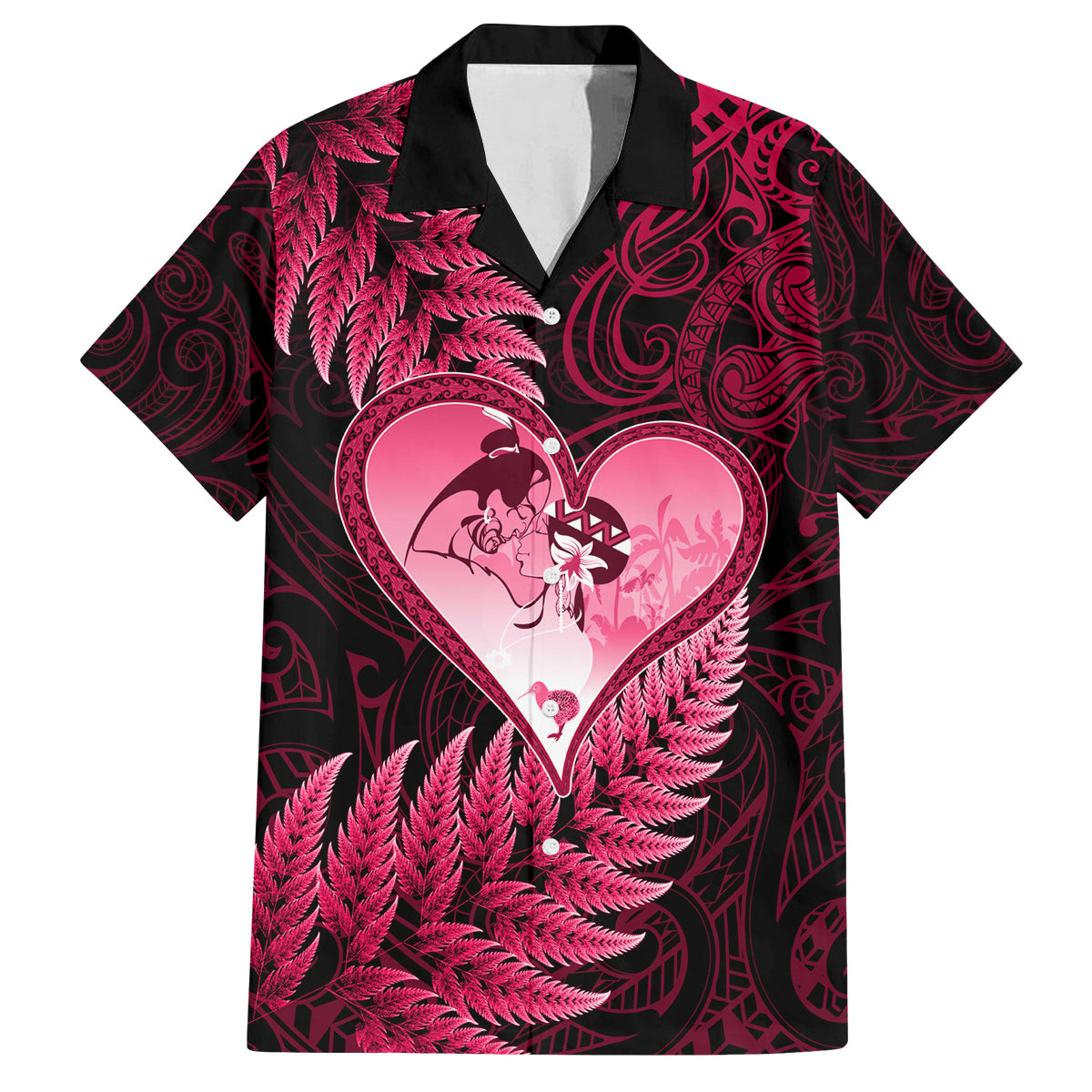 New Zealand Valentine Day Family Matching Off Shoulder Long Sleeve Dress and Hawaiian Shirt Aotearoa Warrior Love Story Silver Fern Koru Pink Style LT03 Dad's Shirt - Short Sleeve Pink - Polynesian Pride