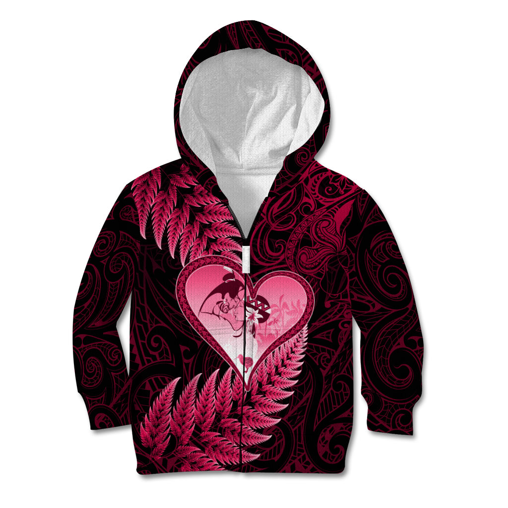 New Zealand Valentine Day Kid Hoodie Aotearoa Warrior Love Story Silver Fern Koru Pink Style LT03 Zip Hoodie Pink - Polynesian Pride