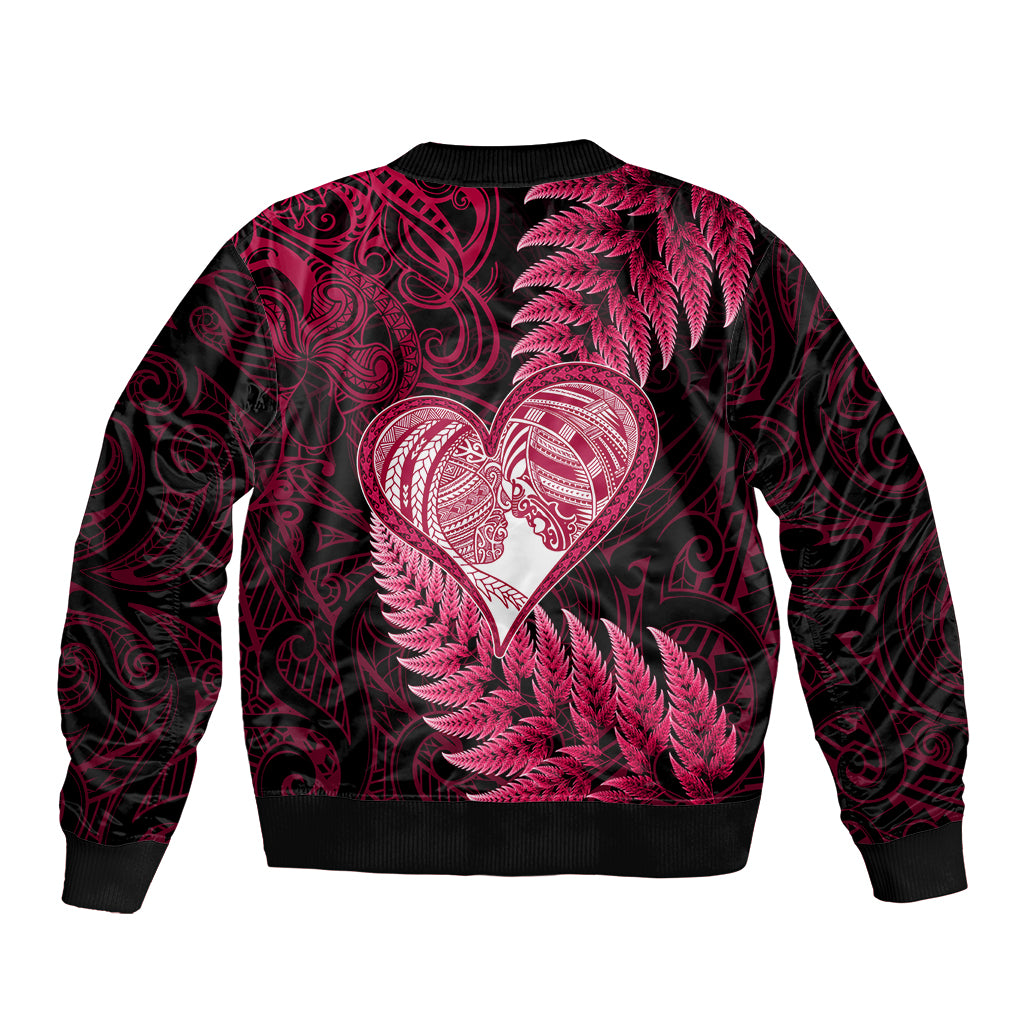 New Zealand Valentine Day Sleeve Zip Bomber Jacket Aotearoa Warrior Love Story Silver Fern Koru Pink Style LT03 - Polynesian Pride