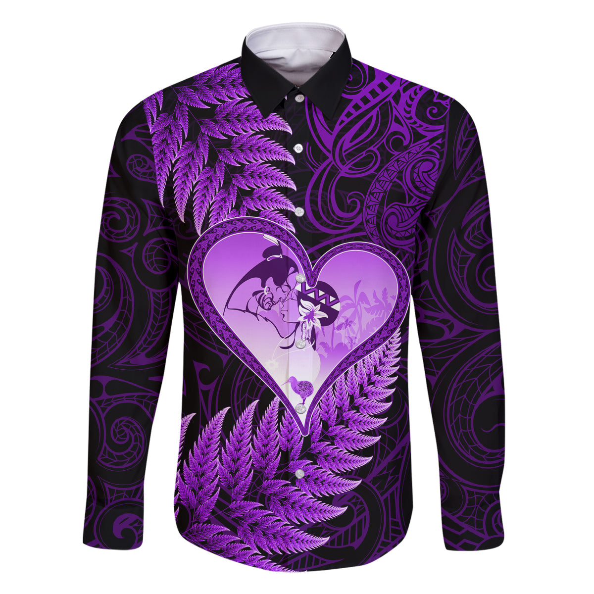 New Zealand Valentine Day Family Matching Off Shoulder Long Sleeve Dress and Hawaiian Shirt Aotearoa Warrior Love Story Silver Fern Koru Purple Style LT03 Dad's Shirt - Long Sleeve Purple - Polynesian Pride