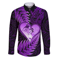 New Zealand Valentine Day Family Matching Off Shoulder Maxi Dress and Hawaiian Shirt Aotearoa Warrior Love Story Silver Fern Koru Purple Style LT03 Dad's Shirt - Long Sleeve Purple - Polynesian Pride